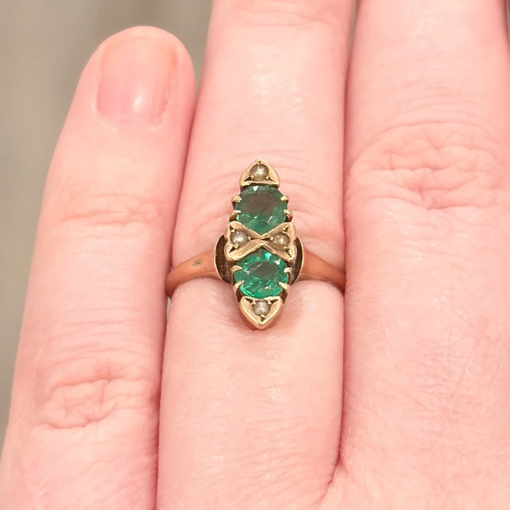 Antique Edwardian 10K Green Ring, Size 5.5, Rose Gold, Navette - Picture 4 of 17